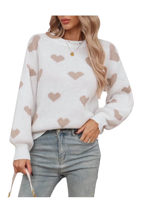 Women Heart Print Sweater Long Sleeve Crew Neck Pullover Knit Sweater Cute Cozy Casual Winter Sweaters for Women