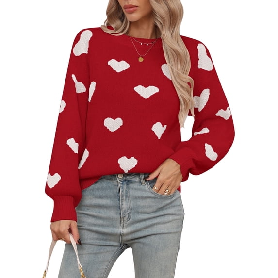 Cogild Women Heart Print Sweater Long Sleeve Crew Neck Pullover Knit Sweater Cute Cozy Casual Winter Sweaters for Women