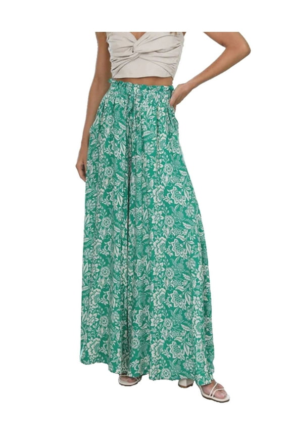 Women’s Pants Bohemian Floral Printed Wide Leg Pants with High Waisted Design Summer Beach Vacations Pants for Womens Trousers