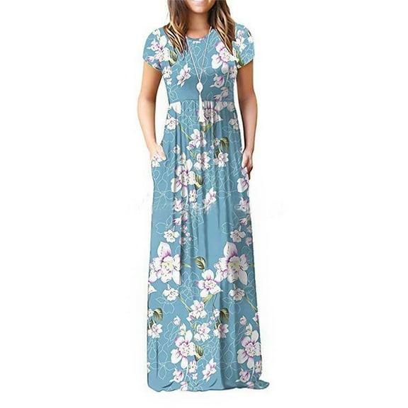 Cogild Womens Dresses Plain Short Sleeve Crewn Neck Empire Waist Floral Maxi Dress With Pockets