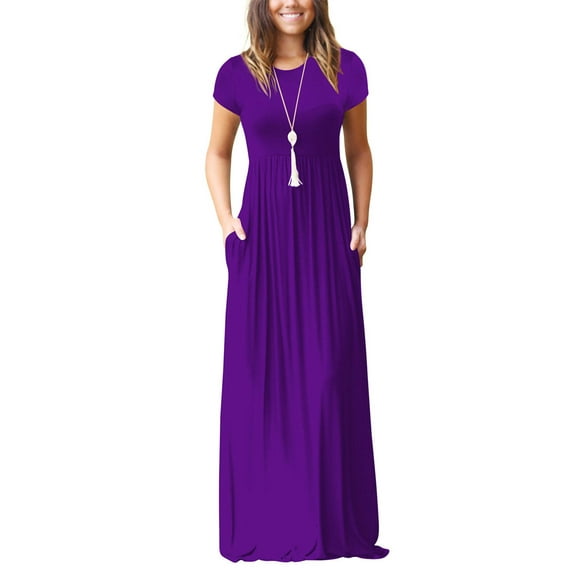 Cogild Womens Dresses Plain Short Sleeve Crewn Neck Empire Waist Floral Maxi Dress With Pockets