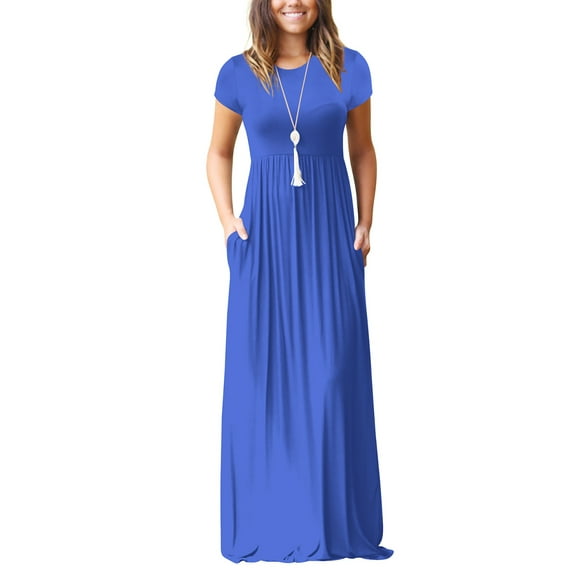 Cogild Womens Dresses Plain Short Sleeve Crewn Neck Empire Waist Floral Maxi Dress With Pockets