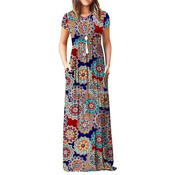 Cogild Womens Dresses Plain Short Sleeve Crewn Neck Empire Waist Floral Maxi Dress With Pockets
