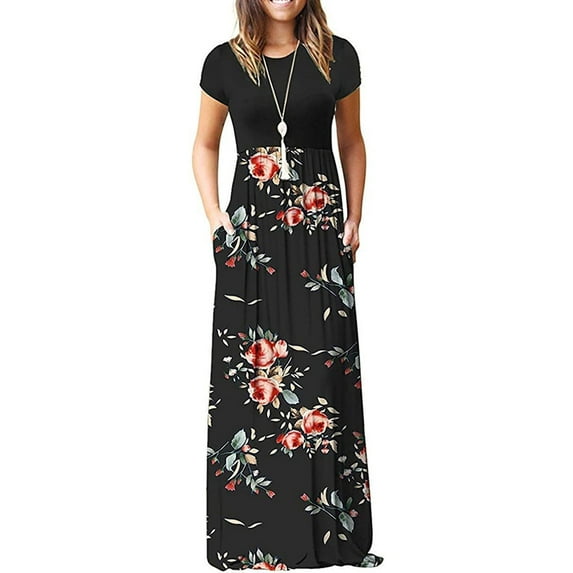 Cogild Womens Dresses Plain Short Sleeve Crewn Neck Empire Waist Floral Maxi Dress With Pockets