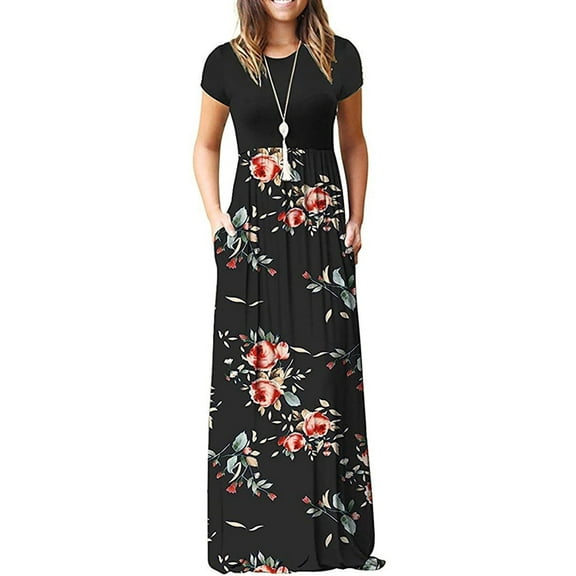 Cogild Womens Dresses Plain Short Sleeve Crewn Neck Empire Waist Floral Maxi Dress With Pockets