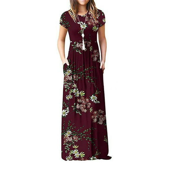 Cogild Womens Dresses Plain Short Sleeve Crewn Neck Empire Waist Floral Maxi Dress With Pockets