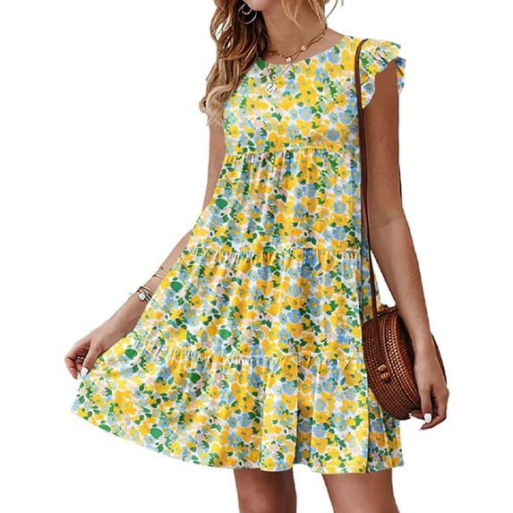 Cogild Womens Floral Print Pleated Mini Dresses Casual See Through Swim Beach Cover Up Dress