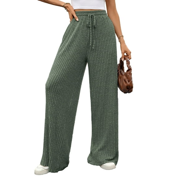 Cogild Womens Pants Ribbed Knit Wide Leg Solid Color Pants for Womens with Drawstring Waist for Comfort and Style