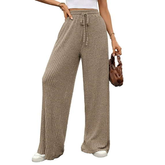 Cogild Womens Pants Ribbed Knit Wide Leg Solid Color Pants for Womens with Drawstring Waist for Comfort and Style