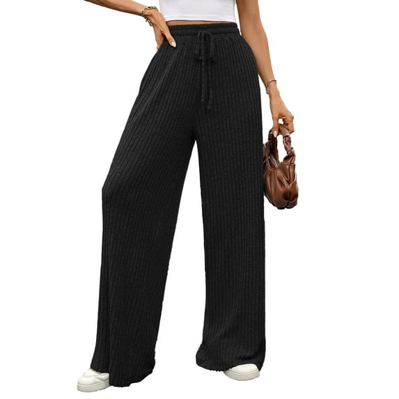 Cogild Womens Pants Ribbed Knit Wide Leg Solid Color Pants for Womens with Drawstring Waist for Comfort and Style
