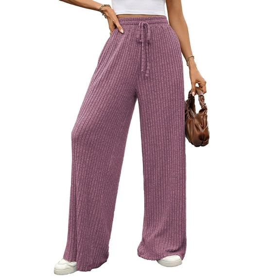 Cogild Womens Pants Ribbed Knit Wide Leg Solid Color Pants for Womens with Drawstring Waist for Comfort and Style