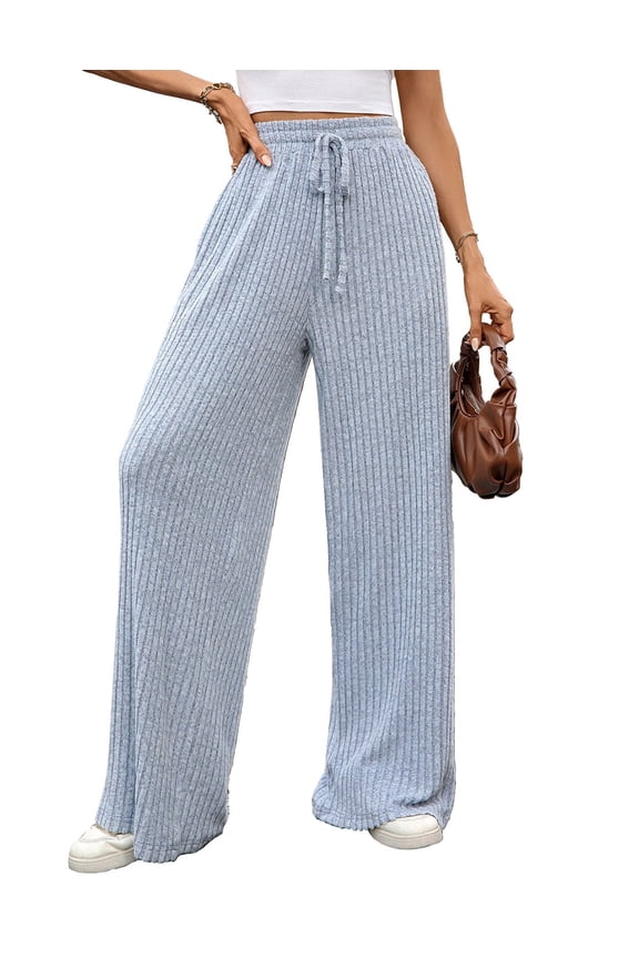 Womens Pants Ribbed Knit Wide Leg Solid Color Pants for Womens with Drawstring Waist for Comfort and Style
