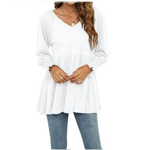 Cogild Womens V Neck Long Sleeve Shirts Casual A Line Pleated Puff Sleeves Tunic Tops Blouse