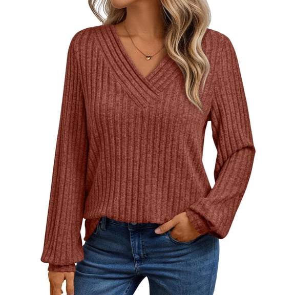 Cogild Womens V Neck Ribbed Knit Long Sleeve Solid Color Pullover Tops Shirts for Womens Soft Casual Fall Autumn Sweaters for Womens