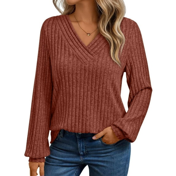 Cogild Womens V Neck Ribbed Knit Long Sleeve Solid Color Pullover Tops Shirts for Womens Soft Casual Fall Autumn Sweaters for Womens