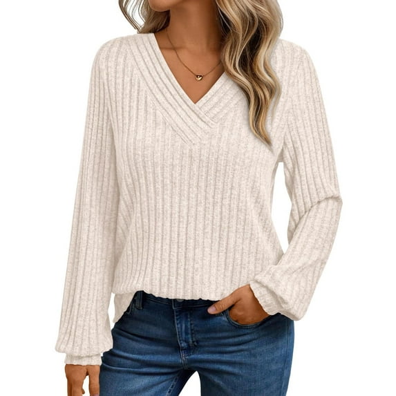 Cogild Womens V Neck Ribbed Knit Long Sleeve Solid Color Pullover Tops Shirts for Womens Soft Casual Fall Autumn Sweaters for Womens