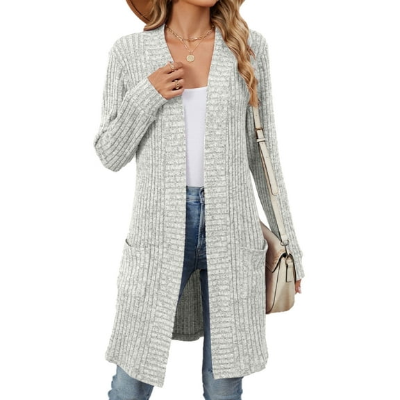 Coglid Long Open Front Knitted Cardigans for Womens Solid Color Ribbed Cardigans Textured Pattern Casual Fall Cardigans for Womens