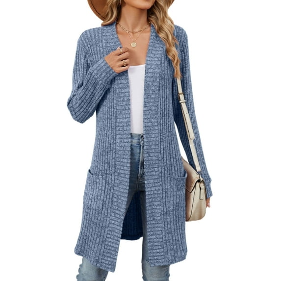 Coglid Long Open Front Knitted Cardigans for Womens Solid Color Ribbed Cardigans Textured Pattern Casual Fall Cardigans for Womens