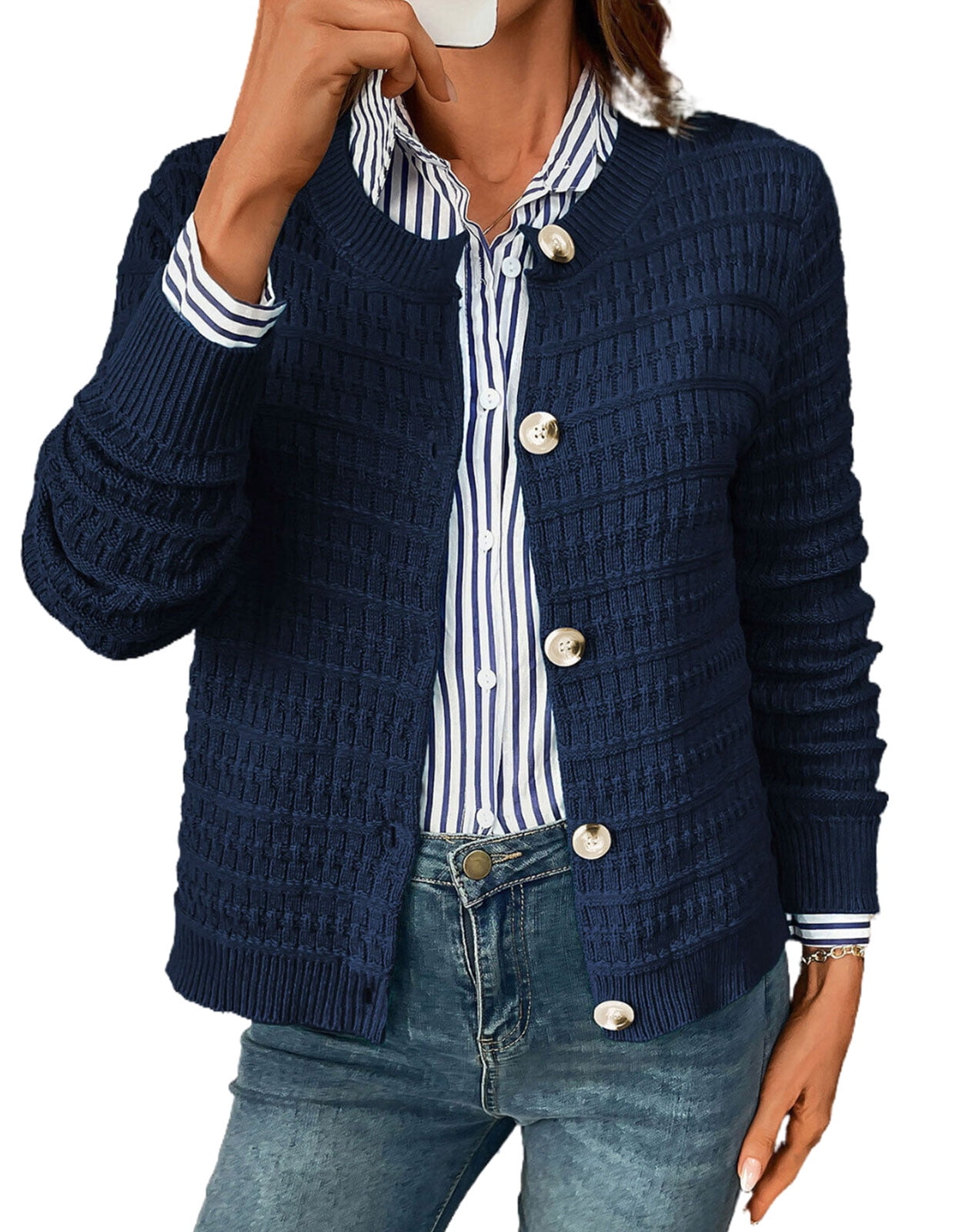 Women's Star Embroidered Cable Knit Cardigan - Open Front, Button Down, V-Neck Chunky Sweater