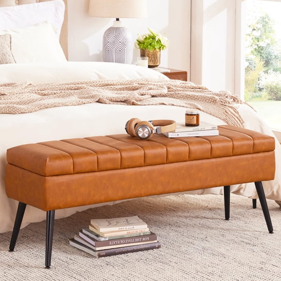Cognac Brown Faux Leather Tufted Storage Ottoman Bench With Black Legs