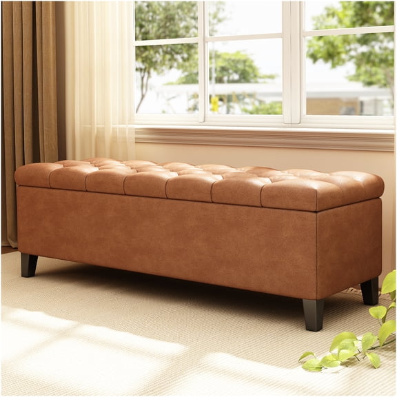 Cognac Brown PU Leather Storage Ottoman Bench with Button Tufted Lid and Wood Legs