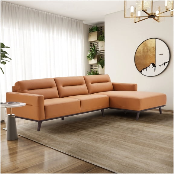 Cognac Faux Leather L-Shaped Sectional Couch, Mid-Century Modern Design with Solid Wood Legs