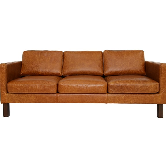 Cognac Leather Couch - 3 Seat, Mid-century Modern, 100% Genuine Leather, Solid Wood Base, Removable Back Cushions 3 Couch, Modern Appeal, Buffalo Base