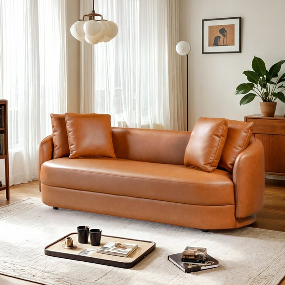 Cognac Leather Modern Style - 3 Seater, Soft Comfort, Solid Wood & Plywood, Pocket Spring Support, High Density Foam Padding 3 Manufactured Construction, Suspension,