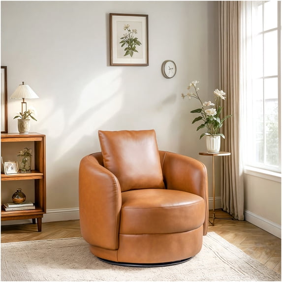 Cognac Leather Swivel Chair, Modern Mid-Century Style Office Chair with ...