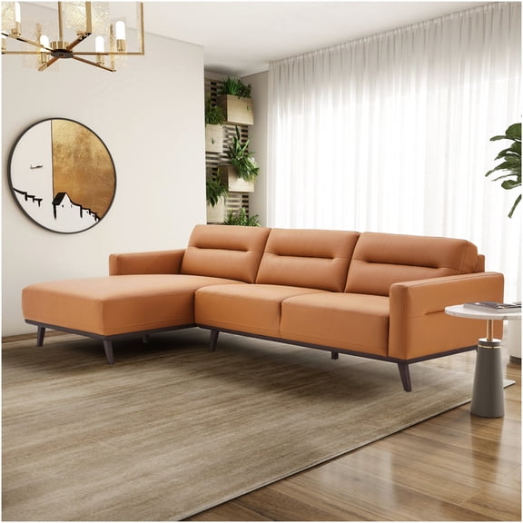 Cognac Left Facing L-Shape Sofa, Faux Leather Sectional Couch with Chaise, Mid-Century Design