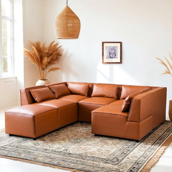 Cognac Vegan Leather 6 Modular Couch - Mid-century Modern Look With Comfy Cushions For 6 Inspired Legs
