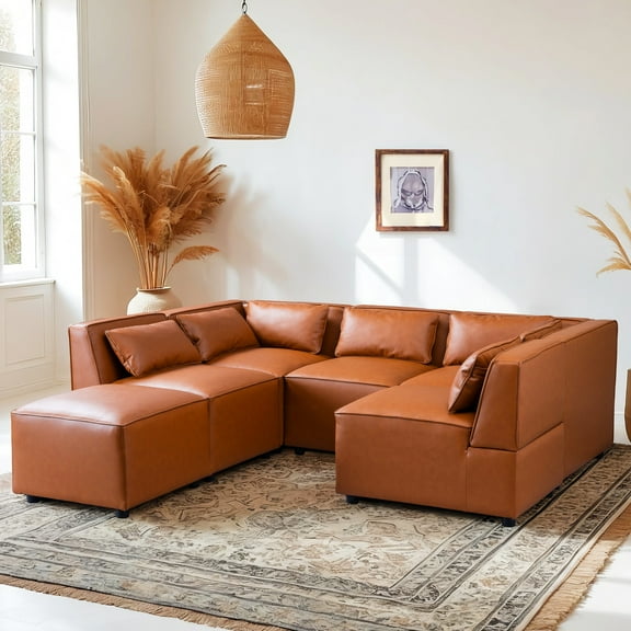 Cognac Vegan Leather 6 Modular Couch - Mid-century Modern Look With Static- Upholstery 6 Modular, Comfortable Foam
