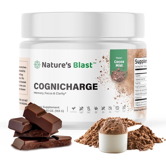 CogniCharge Brain Supplements for Memory, Focus & Clarity - with Bacopa Monnieri Extract, Guarana Powder, Niacin, L-Tyrosine, Alpha GPC, GABA - 3.63 Oz - 30 Servings - Cocoa Mist Flavor
