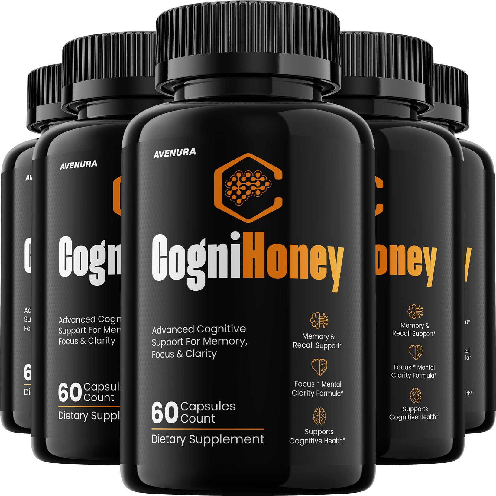 CogniHoney Capsules – Cogni Honey Natural Blend Memory Focus Brain Support Supplement, 5 Pack, 300 Capsules