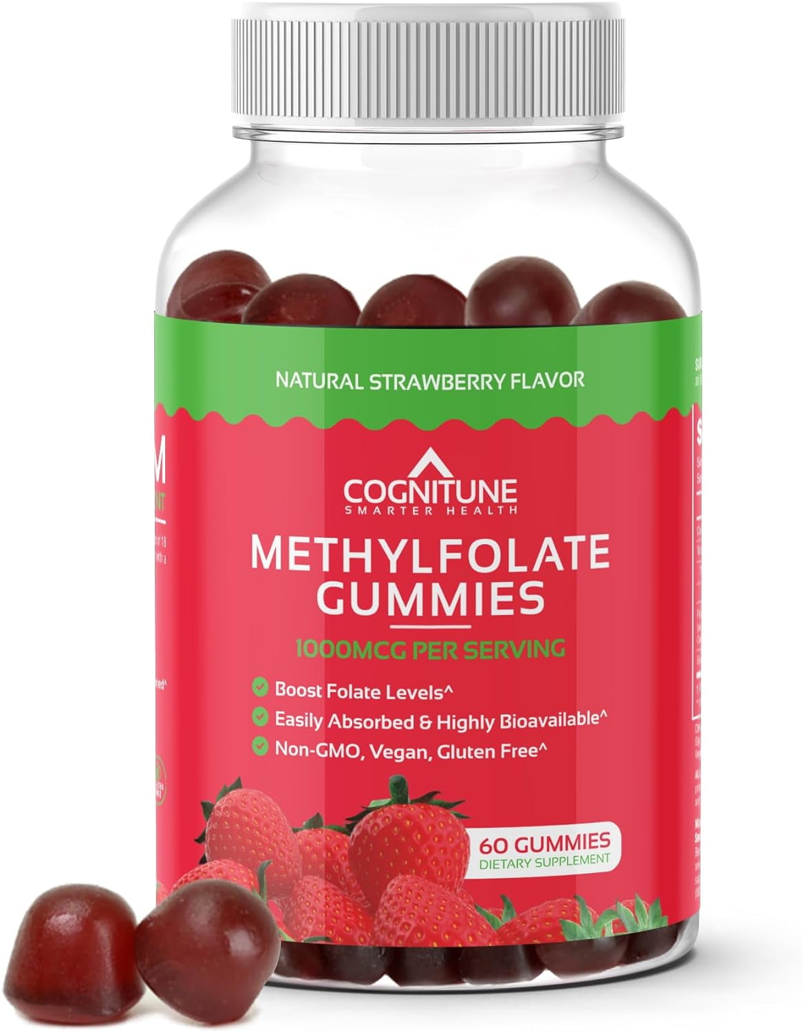 CogniTune Methylfolate Gummies, Easy to Take High Potency L-Methylfolate Folic Acid, Folate Brain Supplement, Heart Health & Immunity, Delicious Strawberry Flavor, Non-GMO, Vegan, Gluten-Free