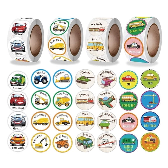 Tonatita Cognitive Stickers for Kids Roll Vehicle Car Trucks Excavators Tractors Reward Stickers Truck Theme Birthday Party Favors Incentive Rewards Stickers for Teacher Classroom,4 Rolls,2000PCS