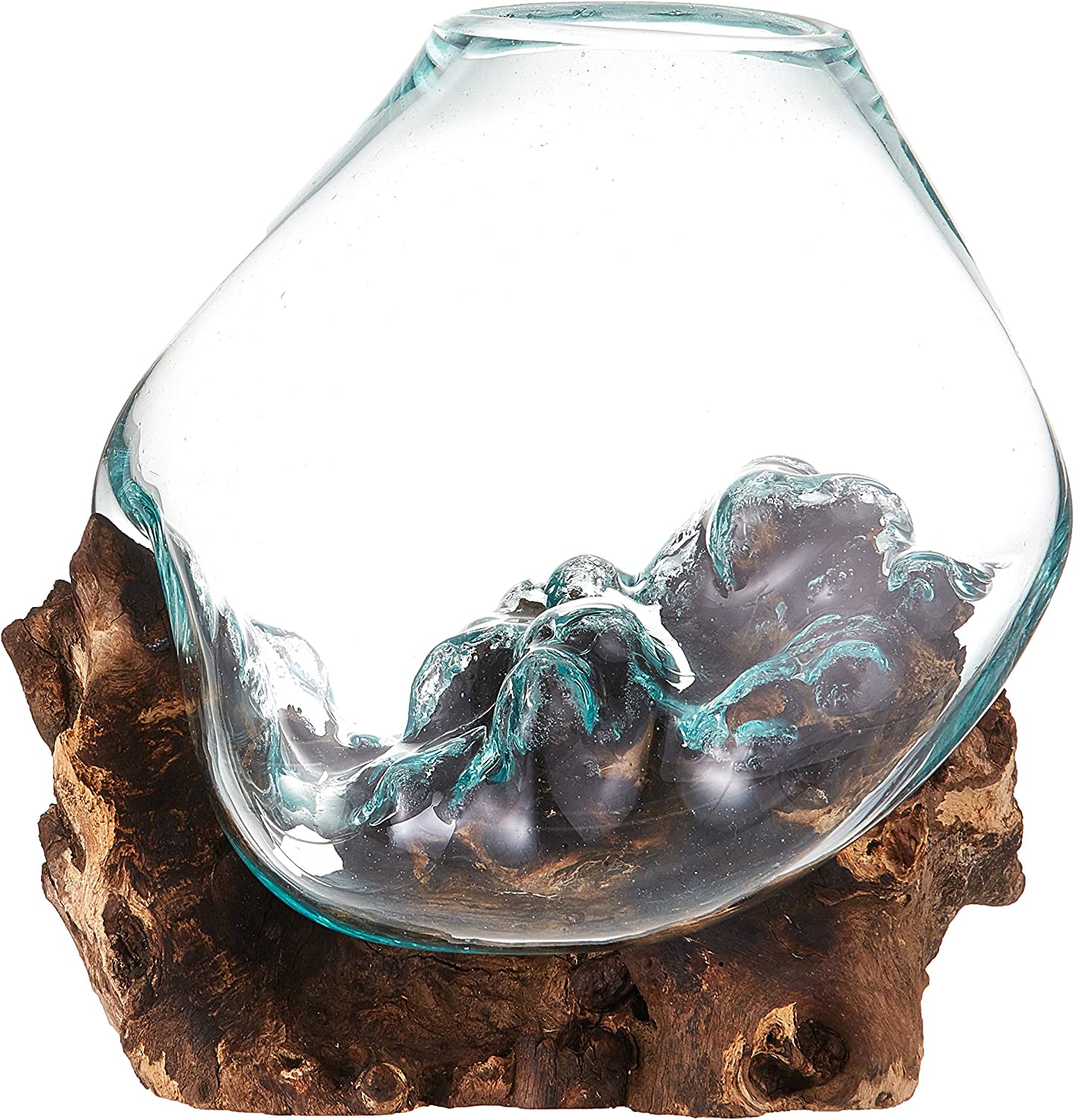 Cohasset Molten Sculpture – Handcrafted Teak Wood Base With Recycled Glass | Approx. 8" Wide, Unique Art Piece For Succulents, Candles Or Decor 2 thumbnail image