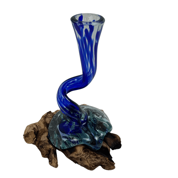 Cohasset Gifts 10" Tall Blue Molten Glass & Wood Sculpture Vase