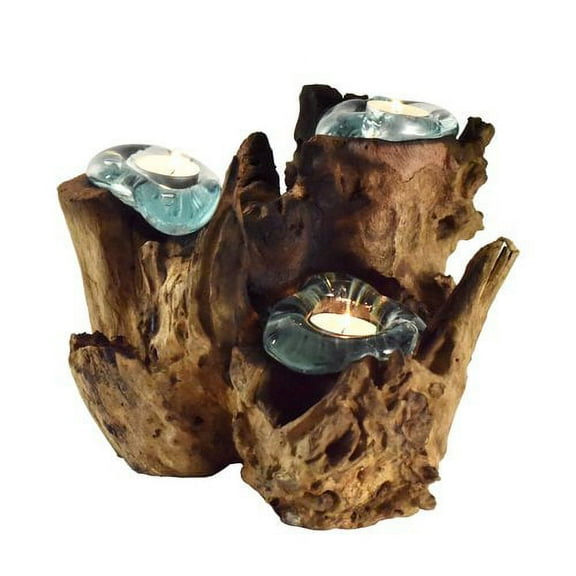 Cohasset Gifts & Garden 3 Piece Molten Glass and Wood Tealight Set