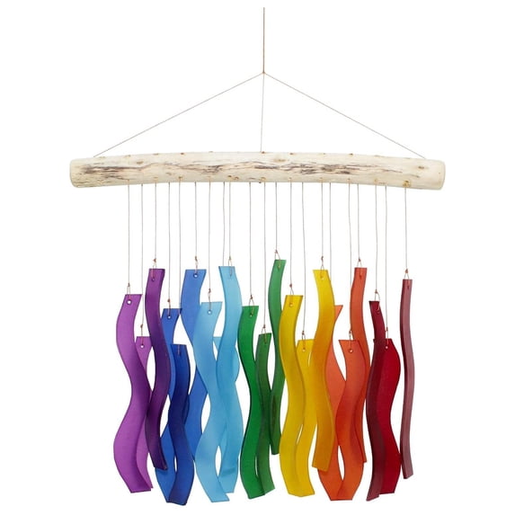 Cohasset Tumbled Glass Wind Chime - Rainbow Wave Design - Recycled Glass and Driftwood - LGBTQ Pride, Yard/Garden Art, Chakras, Mobile, Window Art