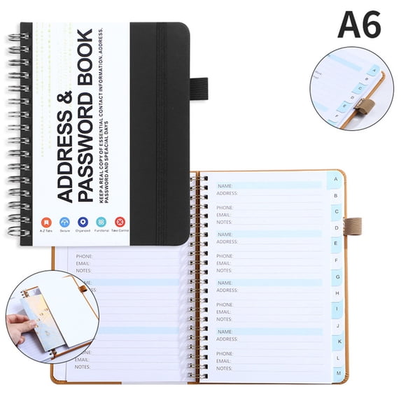 Coil-Bound Password Address Book with Alphabetical Index Organizer