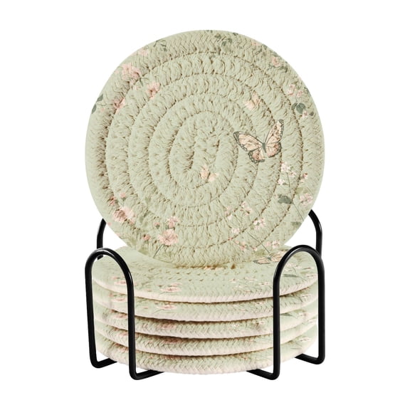 Coil Coasters Set of 6，Butterfly Print with Pastel Flowers3.94-inch diameter printed on one side, non-slip, heat-insulating, moisture-wicking home accessory.