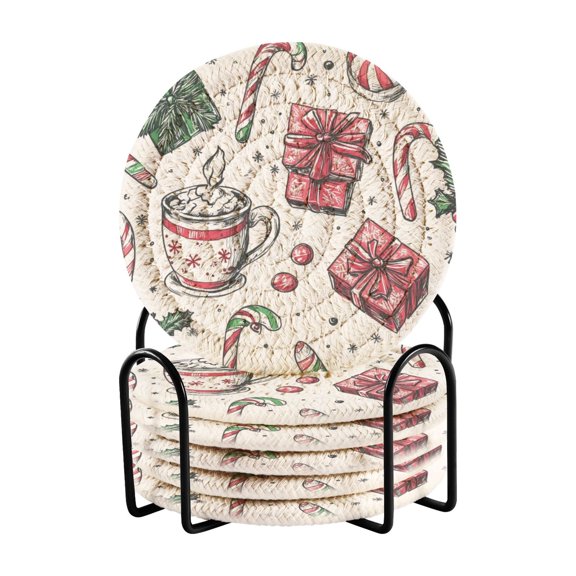 Coil Coasters Set of 6Christmas Pattern with Candy Canes3.94-inch diameter printed on one side, non-slip, heat-insulating, moisture-wicking home accessory.