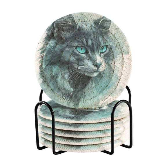 Coil Coasters Set of 6A Gray Cool Cat3.94-inch diameter printed on one side, non-slip, heat-insulating, moisture-wicking home accessory.