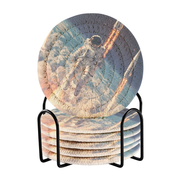 Coil Coasters Set of 6Astronauts Fly Into Space3.94-inch diameter printed on one side, non-slip, heat-insulating, moisture-wicking home accessory.