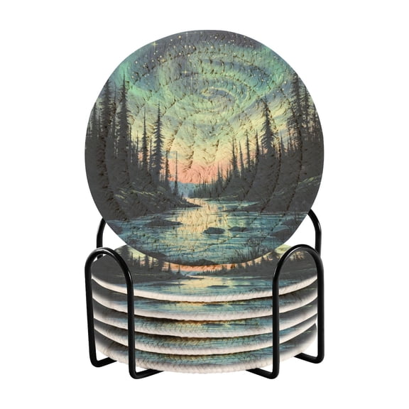 Coil Coasters Set of 6，Aurora3.94-inch diameter printed on one side, non-slip, heat-insulating, moisture-wicking home accessory.