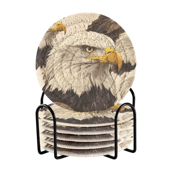 Coil Coasters Set of 6Bald Eagle3.94-inch diameter printed on one side, non-slip, heat-insulating, moisture-wicking home accessory.