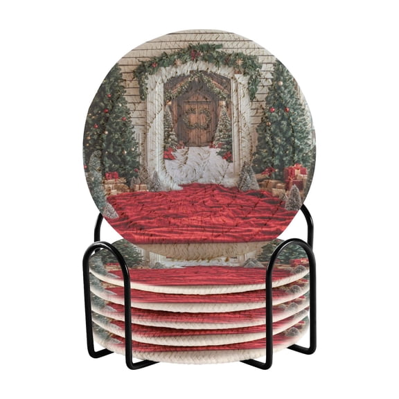 Coil Coasters Set of 6Christmas Door To Door3.94-inch diameter printed on one side, non-slip, heat-insulating, moisture-wicking home accessory.