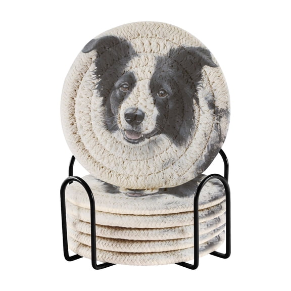 Coil Coasters Set of 6Cute Border Collie3.94-inch diameter printed on one side, non-slip, heat-insulating, moisture-wicking home accessory.