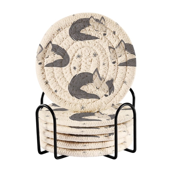 Coil Coasters Set of 6Cute Sleeping Wolf3.94-inch diameter printed on one side, non-slip, heat-insulating, moisture-wicking home accessory.